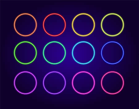 3d neon colored circles for decoration design. Business card. Blue color.A set of isolated colorful neon frames. Vector illustration of bright multicolored, color spectrum Round frames that glow in the dark with an empty space inside for text for a design template.のイラスト素材