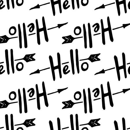 Modern sketch design template with black doodle hello arrow pattern on white background for textile design.のイラスト素材
