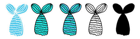 Beautiful doodle colorful set on white backdrop. Blue color. Beautiful doodle set mermaid tail, great design for any purposes.のイラスト素材
