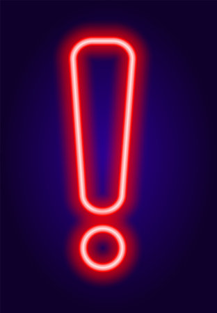 Vector neon exclamation mark in red color. isolated exclamation point element glowing on a dark blue background for a design template. a symbol of attention and anxietyのイラスト素材