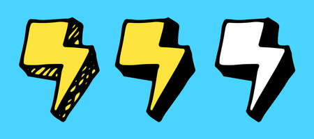 Vector set of isolated elements of three-dimensional lightning bolts in yellow and white with a black outline, drawn by hand in comic style on a blue background for a design templateのイラスト素材