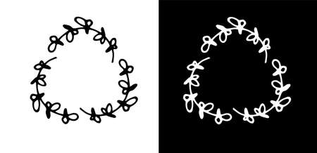 vector set is an isolated element of a triangular frame made of a small twig with leaves, drawn by hand in the doodle style with a black and white line on a contrasting background.のイラスト素材