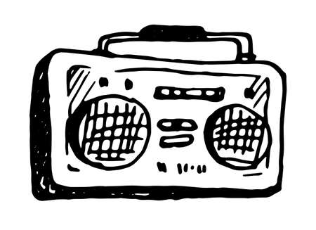 elements of a portable music recorder with a black outline, hand-drawn in the doodle style on a white background for a design template.のイラスト素材