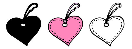 vector set element of pink paper tag in the shape of a heart with a ribbon with a decorative stripe stroke with space for text. hand-drawn doodle-style gift tag silhouette and black outline. Holiday decoration. Vector model. The style of drawing. Separate abstract elements of infographic design.のイラスト素材