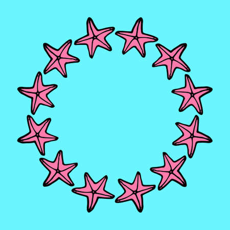 vector round frame made of pink starfish with a blank space inside for text on a blue background. isolated pattern of hand-drawn doodle-style starfish with a pattern of black lines. Pink starfish wreath doodle in cartoon style on blue background.のイラスト素材