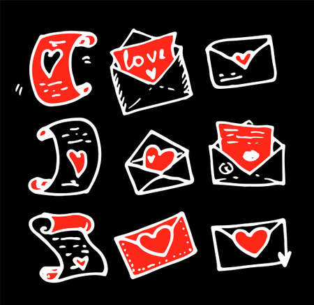 a set of scrolls and envelopes with letters with red hearts.のイラスト素材
