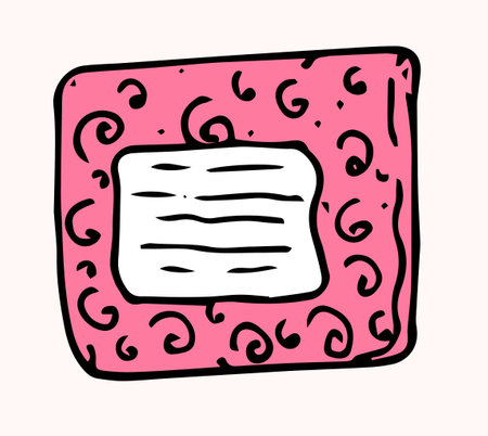 Vector gift box. hand-drawn in doodle style gift top view, black outline in pink color with curl and rectangular signature on white background for design template. Holiday gift surprise. Black pink outline. White vector giftbox.のイラスト素材