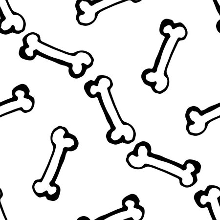 Retro vector seamless pattern of isolated bones. A drawn doodle in the style of a long bone with a joint of bones randomly arranged with a black line on a white background for a design templateのイラスト素材