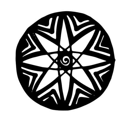 vector stylized multipath star in a circle with a triangle pattern, hand-drawn in sketch style simple mandala black lines on a white background for a design template on a white background for a design templateのイラスト素材
