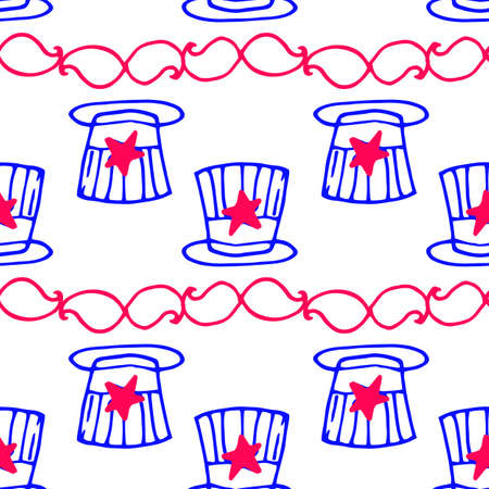 Doodle top hat star, great design for any purposes.Vector seamless pattern of a cylinder with a star with a mustache, blue and red outline for the Independence Day celebration.のイラスト素材