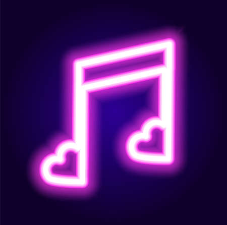 Neon musical note heart for decoration design.  Vector isolated neon glowing outline notes of lilac color romantic music on dark blue background for design templateのイラスト素材