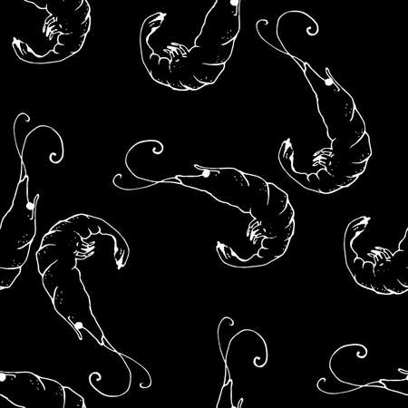 .Vector seamless pattern of randomly arranged curved shrimp with a black outline on a white background. a hand drawn shrimp in a sketch style with curved antennae black eyes and a texture of spots on the backのイラスト素材