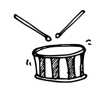 Doodle drum with drum sticks in cartoon style on black background.Vector drum with drumsticks. an isolated piece of drum music equipment with a striped pattern and drumsticks hand drawn in doodle style with a black line on a white background for a design templateのイラスト素材