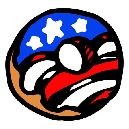 Doodle donut american flag, great design for any purposes.Vector donut with a pattern of red and white stripes and white stars on a blue background. hand-drawn in doodle style, a sweet cream decorated donut with an American flag pattern with a black outline on a white background for a patriotic design templateのイラスト素材