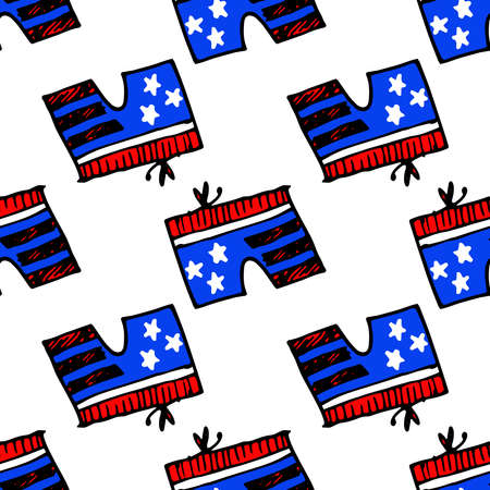 Doodle shorts flag america in american style on white background.Vector seamless pattern of shorts, with a bow on an elastic band, with a pattern of the symbols of the US flag, white stars on a blue background and red and white stripes, arranged in a geometric pattern on a white background for a design templateのイラスト素材