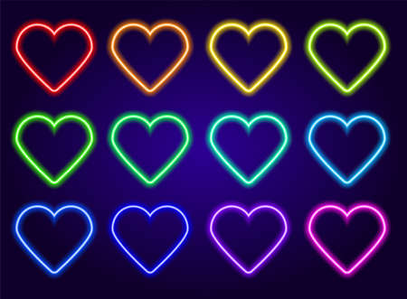 neon colored hearts set. isolated elements glow in the dark line of red, blue, yellow, green and turquoise, pink heart shape, love symbol on dark blue background for design template. Bright neon heart. Heart sign on dark transparent background. Neon glow effect. Vectorのイラスト素材