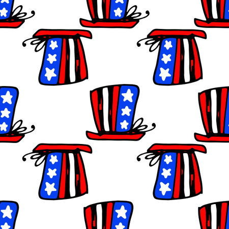 Cartoon black doodle america top hat on red background. Vintage vector illustration.のイラスト素材