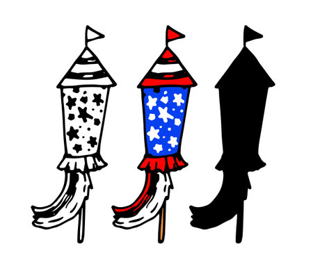 vector fireworks in the shape of a rocket with a flag and ribbons with a pattern of red and white stripes and white stars on a blue background.のイラスト素材