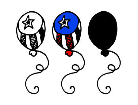 Vector balloon with white and red stripes and a white star on a blue background. isolated elements of a balloon drawn in the muzzle style black outline and silhouette on a white background for a desigのイラスト素材