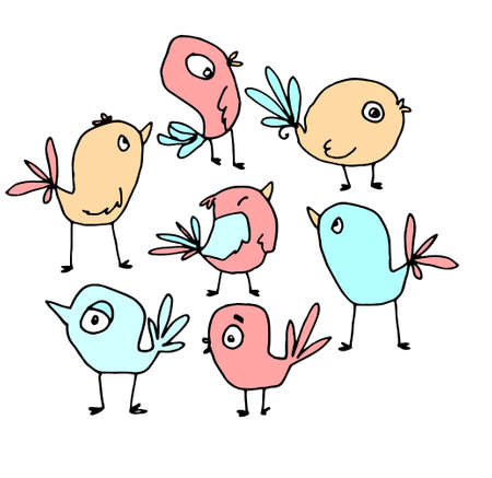 Vector set of colored birds. a set of isolated stylized birds painted in doodle style in turquoise, pink and yellow pastel colors on a white background for a design template for children's packaging labels, postcards.Blue doodle birds color set in modern style on white background. Modern art isolated vector graphic. Modern print set.のイラスト素材