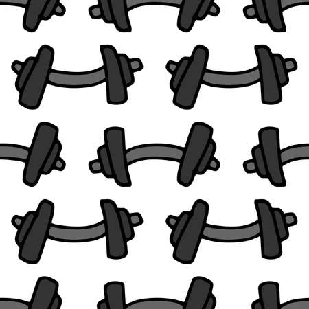 Vector seamless dumbbell pattern, drawn in a doodle style in gray with a black outline, a curved dumbbell is geometrically arranged, a repeating pattern on a white background for a sports design template. Black doodle dumbbell on white backgroundのイラスト素材