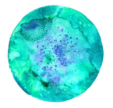A watercolor isolated spot of a round shape of turquoise color with blue spots and dots of paint inside and streaks of paint on a white background. blank watercolor paint texture template for text for design template. watercolor background. Hand painted abstract design.の写真素材