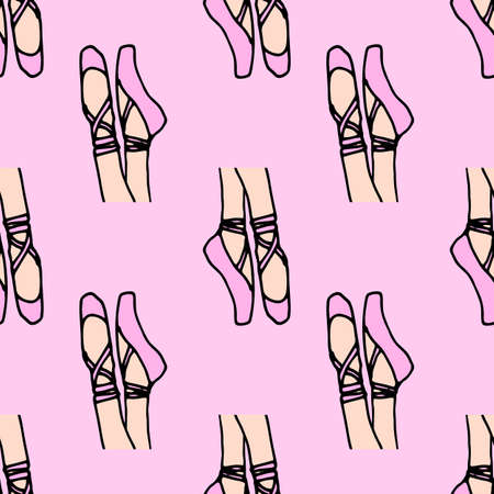 Vector seamless pattern of a ballerina's legs in pink pointe shoes on a light pink background.のイラスト素材