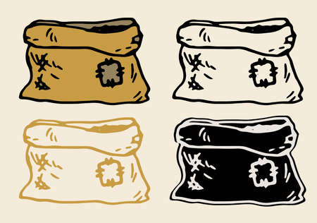 vector set of garden brown bag. an old bag with a patch drawn by hand in the doodle style. open burlap bag with earth, isolated black outline and silhouette on a light background for a design template. Vector isolated Sack of soil. Hand-drawn bag open with earth made of burlap with a patch, in doodle style with a black line on a white background for a design template. garden series element. Doodle doodle sack of soil for concept design. Vintage vector illustrationのイラスト素材