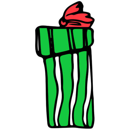 Vector gift box in green packaging with a pattern of white lines and a red ribbon. gift box high rectangular shape hand drawn in doodle style for christmas design template. Vintage sketch ribbon with black doodle gift item on white background. Vector set of isolated gift box elements for design templateのイラスト素材