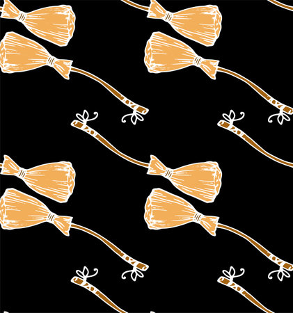 Vector seamless pattern from the witch's broom. a yellow magic broom pattern with a white outline and a bow on a black background. a hand-drawn doodle-style witch broom with a bow for a Halloween design template. Hand drawn illustration. background Black color.のイラスト素材