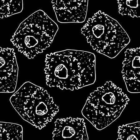 vector seamless pattern of sushi. a hand-drawn sketch - style pattern of randomly arranged sushi white outline on a black background for a Japanese food menu design template. Seamless pattern, background. Vintage pattern. Japanese food.のイラスト素材