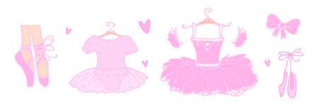 Vector set of pink ballet. a hand-drawn doodle-style ballet tutu, pointe feet, a bow and a baby dress for a ballet dance studio in pink with a white outline for a design template. Pink doodle set ballet pink in vintage style on white background.のイラスト素材