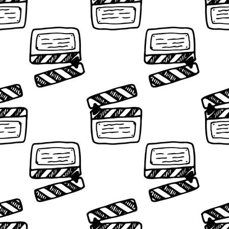 vector seamless pattern from Movie clapperboard doodle. a hand-drawn movie firecracker element is an isolated black contour geometrically arranged on a white background for a retro movie design template. Lights, camera, action. Sketch movie clapperboard doodle pattern for concept design. Vector icon design element. Line art. Vintage, retro design. Sketch drawing. Tv studio.のイラスト素材