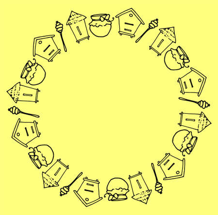 Vector round template of bee houses, honey jars and honey spatulas, hand-drawn in doodle style, isolated contour honey symbols on a yellow background for a design template with an empty space inside for text. Line art doodle bees for decoration design. Hand drawn doodle. Nature illustration. Hand drawn sketch. Yellow background. Creative idea. Line drawing. Vector creative art.のイラスト素材