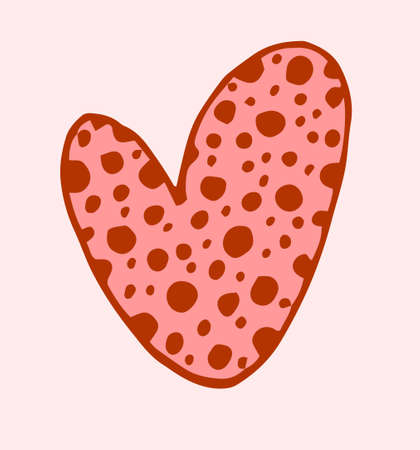 Vector heart of pink color with a contour and a pattern of dark red dots. a hand-drawn heart with a rounded corner at the bottom on a pink background for a design template.のイラスト素材