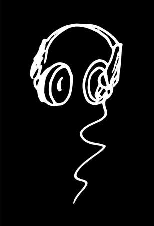Vector headphones icon. hand-drawn doodle-style computer headphones with a wire, an isolated white contour on a black background for a label design template, packaging. music equipmentのイラスト素材