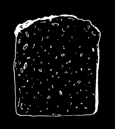 Vector slice of bread isolated white outline on a black background. a hand-drawn piece of a loaf of bread top view, with a bread texture of dots and circles for a design template A series of illustrations for food.food product sketch black contour on a realistic sketchのイラスト素材