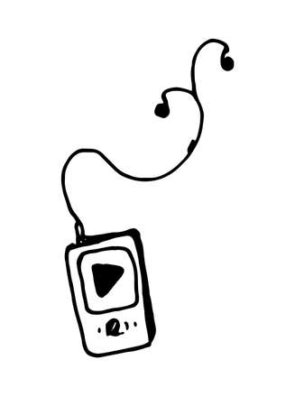 Vector mp3 player with headphones. hand-drawn doodle-style music player with playback and wired headphones, isolated black outline on a white background for a design template. Retro icon for mobile device design. Vector outline illustration.のイラスト素材