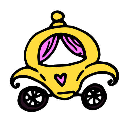 Vector princess carriage. hand-drawn fairy-tale golden carriage in cartoon style with pink curtains and a heart on the door, side view on a white background for girls' design template. Doodle illustration Vintage princess doodle carriage set, great design for any purposes. on white backdrop. ... Vintage print. Kid graphic.のイラスト素材