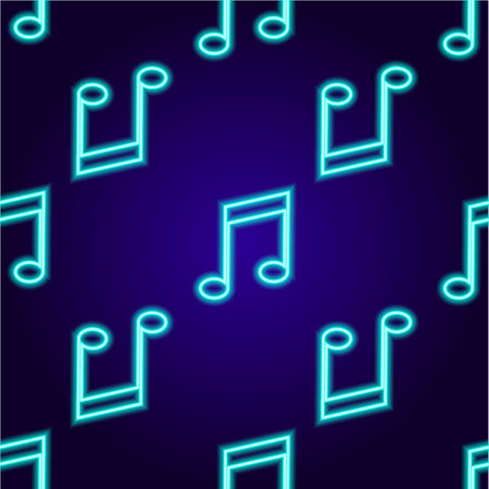 Vector neon signboard pattern of musical tone, Vector seamless pattern of neon musical tone, blue color on a dark background. Vector seamless pattern of neon glowing contour notes of a musical symbol of turquoise color on a dark blue background for a design template. Neon musical note for decoration design.のイラスト素材