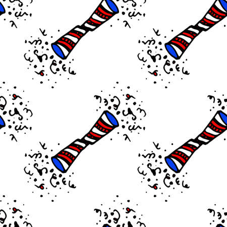 Red doodle firecracker confetti firecracker on black background. Holiday, birthday.Vector seamless pattern of firecrackers in the colors of the American flag with confetti. hand-drawn isolated doodle-style striped firecracker, with confetti of their dots and spirals, with a pattern of white, red and blue stripes with a black outline on a white background for a design templateのイラスト素材
