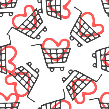 vector pattern of a grocery basket icon with a heart inside.のイラスト素材