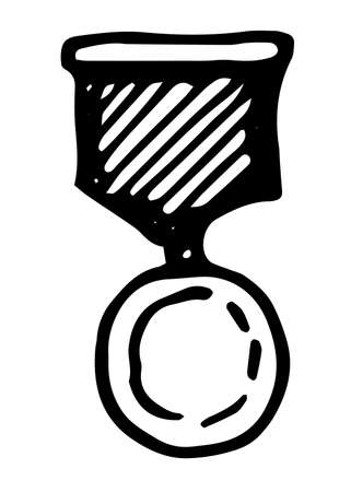 Vector medal. a doodle-style round medal on a ribbon with a stripe texture, an isolated black outline on a white background for a design template. symbol of victory. a gold round medal on a red ribbon for the victory, for the design template. Symbol first placeのイラスト素材