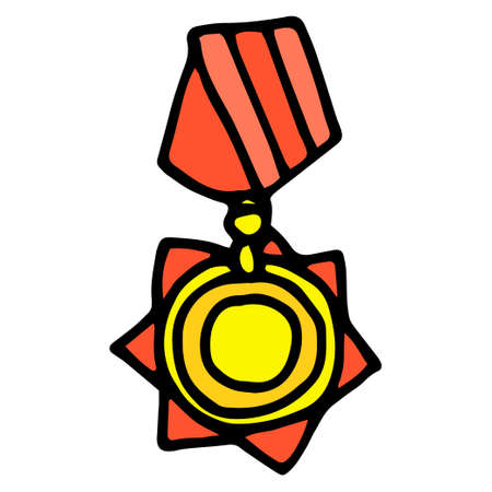 Vector round gold medal on a red ribbon is a symbol of victory. a hand-drawn red ribbon with a black outline in doodle style, a round gold order with a star ornament in the style of a doodle on a white backgroundのイラスト素材