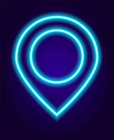 Vector neon location pointers in blue colors with a circle inside. Isolated element glow-in-the-dark pointers on the map in blue colors a line with a circle inside for a design template. Neon sign location for web advertising design.Vector set of neon location signs in different colors with a circle and a heart inside. Isolated elements glow-in-the-dark map pointers in yellow, green, and red with a heart inside for a design templateのイラスト素材