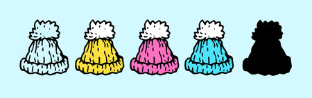 Vector set of winter hats in bright colors, pink, blue and white with a pompom. a doodle-style...