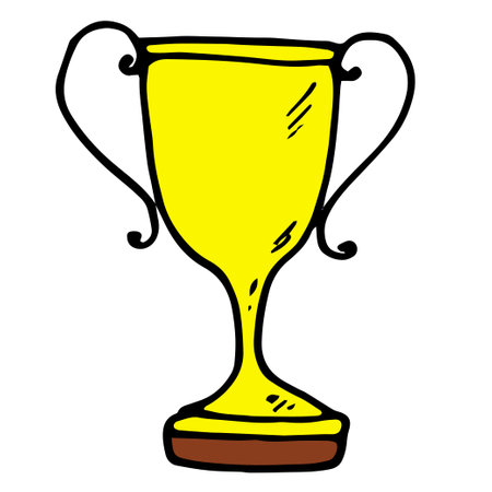 Vector gold cup. A doodle-style yellow cup with a black outline on a brown stand is a reward, side view. the number one winner symbol on a white background for the design template. Gold doodle cup award yellow in vintage style on golden background. Isolated object. Winner symbol.のイラスト素材