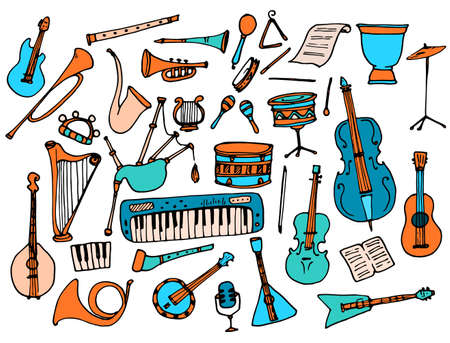 Vector set of Musical instruments, in orange and turquoise colors. hand-drawn doodle collection of trumpet, violin, harp, drum, flute, sheet music, guitar, cello on a white background for a design template. Flat doodle musical instruments color. Flat style.のイラスト素材