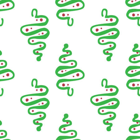 Vector seamless pattern of a Christmas tree with a green curved line and red dots.のイラスト素材