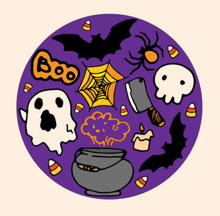 Round template for Halloween. Vector round pattern of a ghost, bats, and a witch's bowler hat drawn in doodle style, in orange and white colors on a purple background for a Halloween party. Doodle template halloween color, great design for any purposesのイラスト素材